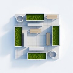 Modern outdoor patio design with greenery and seating