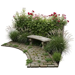 Serene garden bench surrounded by vibrant flowers and lush greenery
