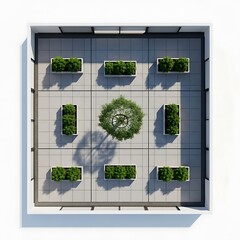 Modern rooftop garden with greenery and planters