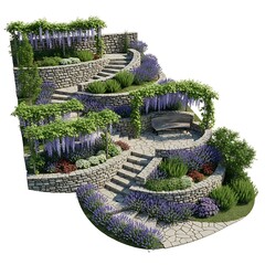 Serene wisteria garden with stone staircase and bench