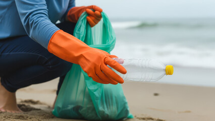 Person collecting trash on a beach with a green plastic bag
