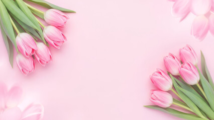 Pink tulips on light background with green stems