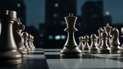 A chessboard with pieces on a city background at dusk