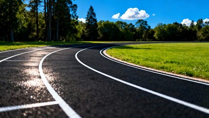 A close-up image of a curved running track with a smooth, rubberized surface, set against a backdrop of lush green grass and tall trees, under a blue sky.