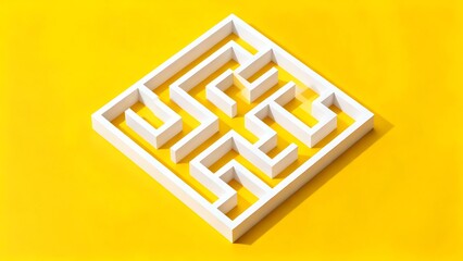 A white geometric maze structure on a bright yellow background. Top view.