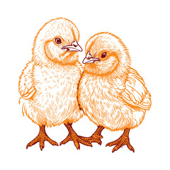 Two chickens chicks isolated. Cockrel vector image for graphic design.	