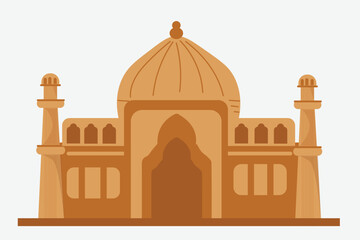 Islamic mosque building illustration in flat vector style with dome and minarets. 