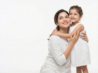 Happy young Indian mother and daughter looking upward together isolated on white background for parenting wellness and family lifestyle communication