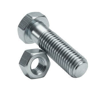 Galvanized steel m10 hex bolt and nut, pristine and reflective, captured in hyper-detailed macro photography with high-key lighting on a transparent background. Concept of engineering exactness