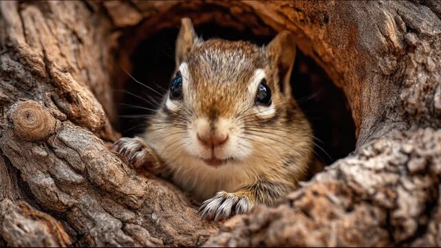 Chipmunk peeks from a rugged tree hollow, bright eyes, whiskers, soft fur, curious expression today!