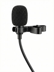 Compact black lavalier microphone isolated on white background for broadcasting journalism online education and professional audio applications