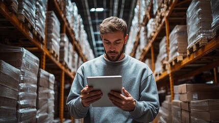 Warehouse worker checks inventory on tablet in storage area during daytime hours