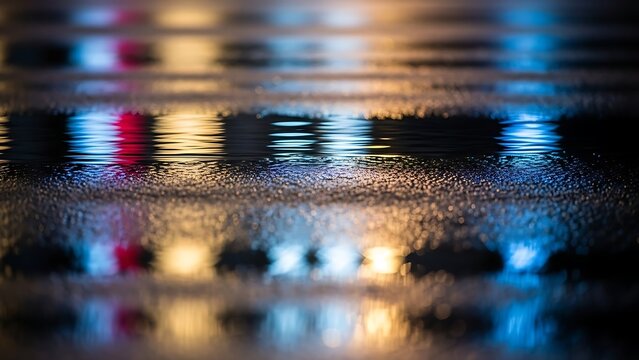 Close-up of rainy pavement at night with vibrant bokeh reflections of blue and gold city lights - Powered by Adobe