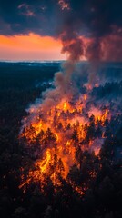 Wildfire causes large flames and smoke in forest during sunset along horizon