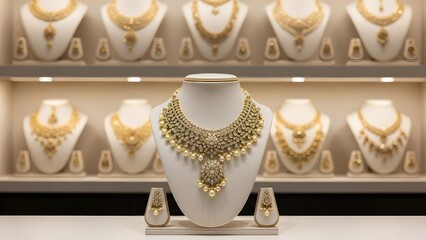 Fototapeta premium Ornate gold necklace and earrings displayed on a white bust in a luxury jewelry store
