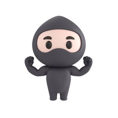 Naklejka premium Cute 3D render Little Ninja character flexing muscles to show strength, confident and powerful mascot style, isolated on white background.