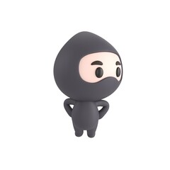 Obraz premium Cute 3D render Little Ninja character standing with hands on hips, body facing forward while looking to the side, confident and thoughtful pose, isolated on white background.