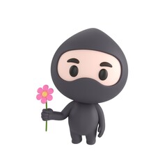 Obraz premium Cute 3D render Little Ninja character standing and holding a flower, gentle and charming pose, isolated on white background.