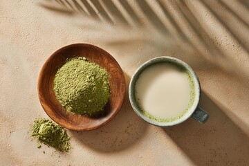 Zen Matcha Latte Ingredients Flat Lay with Green Tea Powder and Milk in Rustic Cups, Luxury Spa and Mindfulness Concept