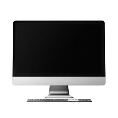 Fototapeta premium Silver all-in-one computer with black screen and keyboard on black background technology display, Png Isolated On White, Transparent Background
