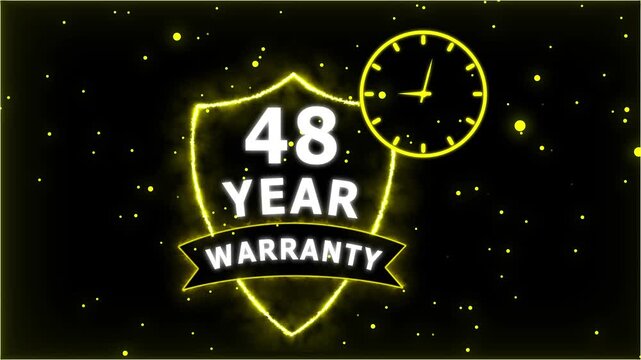 Neon Glowing Shield Badge with 48 Year Warranty Text and Clock Animation on black Futuristic Background.