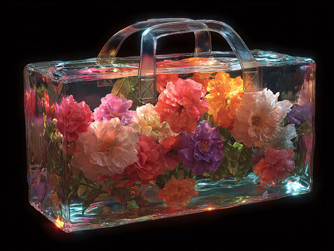 a transparent bag filled with a vibrant array of colorful flowers, including roses and other blossoms, set against a dark background. The bag is illuminated, giving a glowing effect to the flowers