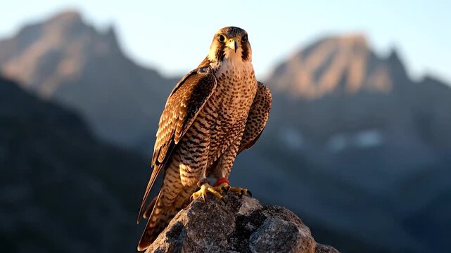 A bird of prey perches on a rock with mountain backdrop. Sunlight highlights plumage
