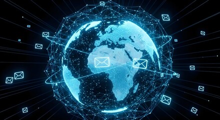 Blue Digital Earth Globe with Flying Email Icons and Network Connections