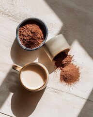 Premium Cocoa Powder and Milk Flat Lay with Ceramic Cups and Soft Natural Light on Wooden Background, Modern Beverage Branding Concept