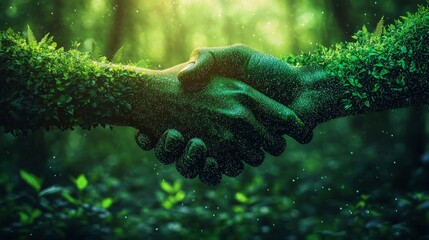 Hands connect in a symbolic gesture among green foliage in a forest setting under bright light