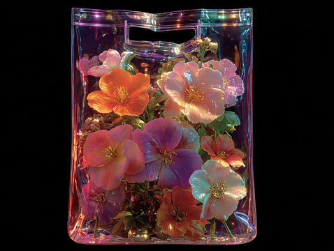 a transparent bag filled with a vibrant array of colorful flowers, including roses and other blossoms, set against a dark background. The bag is illuminated, giving a glowing effect to the flowers