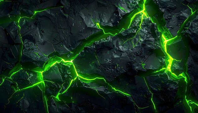 Illustration of glowing neon green cracks on dark textured surface with sparkling particles
