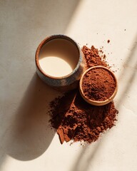 Top View Flat Lay of Cocoa Powder and Milk Ingredients in Ceramic Cups on Light Wooden Background with Natural Shadow, Minimal Cafe Concept