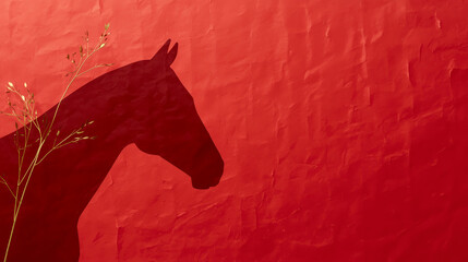 Artistic horse shadow on red textured paper with copy space for Lunar New Year