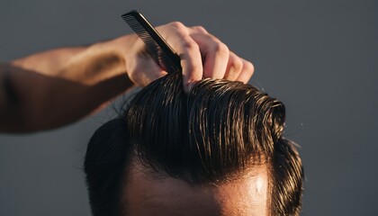 Barber hands combing hair before cutting with focused composition and neutral background, highlighting professional grooming preparation, precision, and calm barbershop atmosphere.
