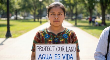 Indigenous Woman Protesting for Water Rights on Sunny Day