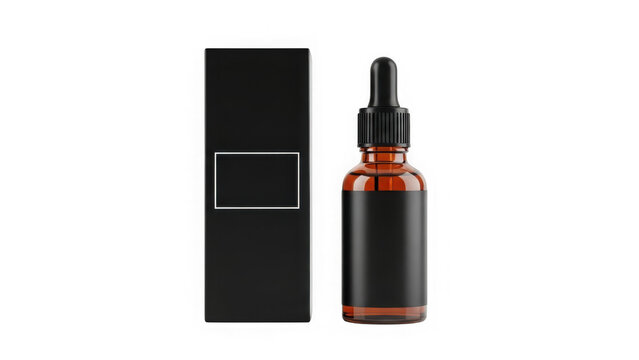 Dark glass bottle with dropper next to black box