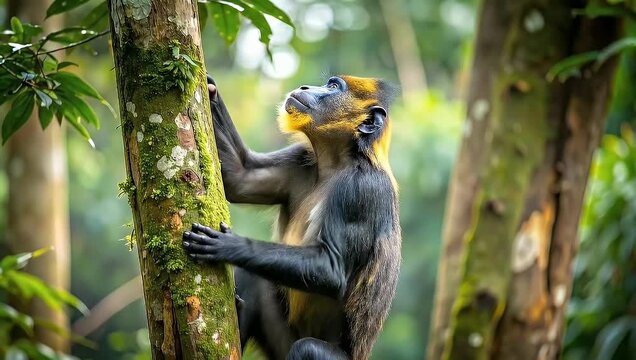 Colorful Mandrill Monkey Climbing Mossy Tree in Lush Tropical Forest, Wild Primate Wildlife 4K