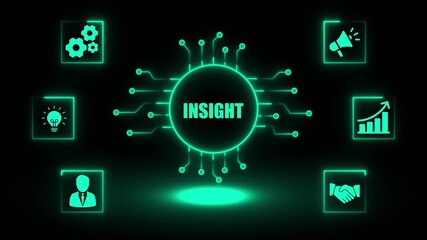 Digital insight network connecting business growth idea generation communication partnership and operational efficiency with glowing neon icons on dark background - Powered by Adobe