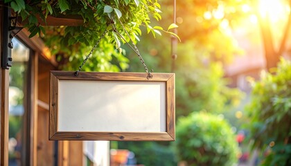 Blank wooden sign mockup template hanging outdoors, framed by lush green foliage under warm golden sunlight, perfect for custom business branding or design presentation