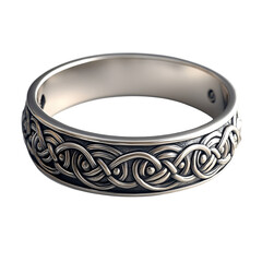Front view of a silver bracelet with Celtic knot designs isolated on a white transparent background