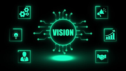 Futuristic vision concept with glowing neon circuit board connecting business strategy growth idea collaboration and communication icons on dark background digital transformation abstract - Powered by Adobe