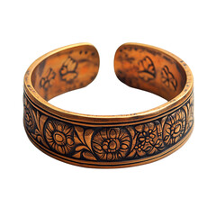 Front view of a tribal cuff bracelet with embossed designs isolated on a white transparent background
