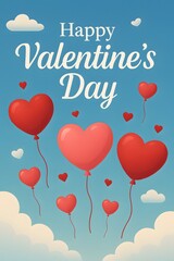 Happy valentine's day message with floating heart balloons in a beautiful sky