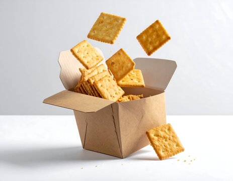 Square, golden crackers spilling from a folded brown cardboard container