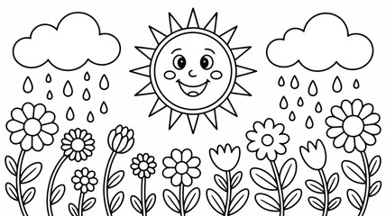 Bright happy sun shines between two rain clouds watering a vibrant field of growing flowers