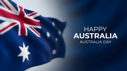 Australia day graphic shows a waving australian flag with happy australia day text overlaid on a dark blue gradient background