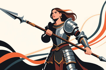 Fototapeta premium Armored warrior with long hair holding a spear in a dynamic scene of motion and intensity.