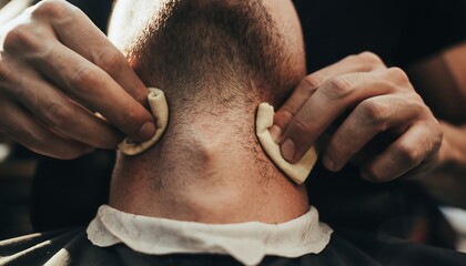 Hands cleaning hair clippings from the neck area after a haircut, showing realistic skin and hair texture, precise grooming care, and professional barbershop hygiene detail.