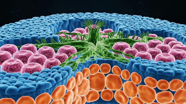 Microscopic view of taste bud supporting cells and nerve fibers with orbiting camera